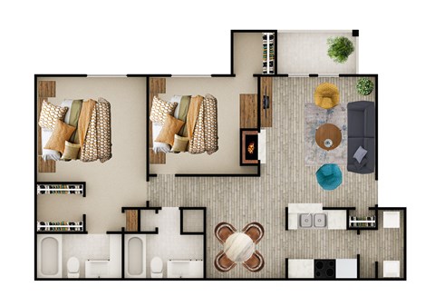 Floor plan for 2 beds, 2 baths, 1080 sqft